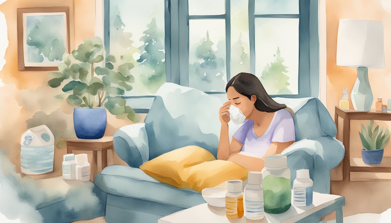 Woman ill at home, surrounded by medicine and tissues.