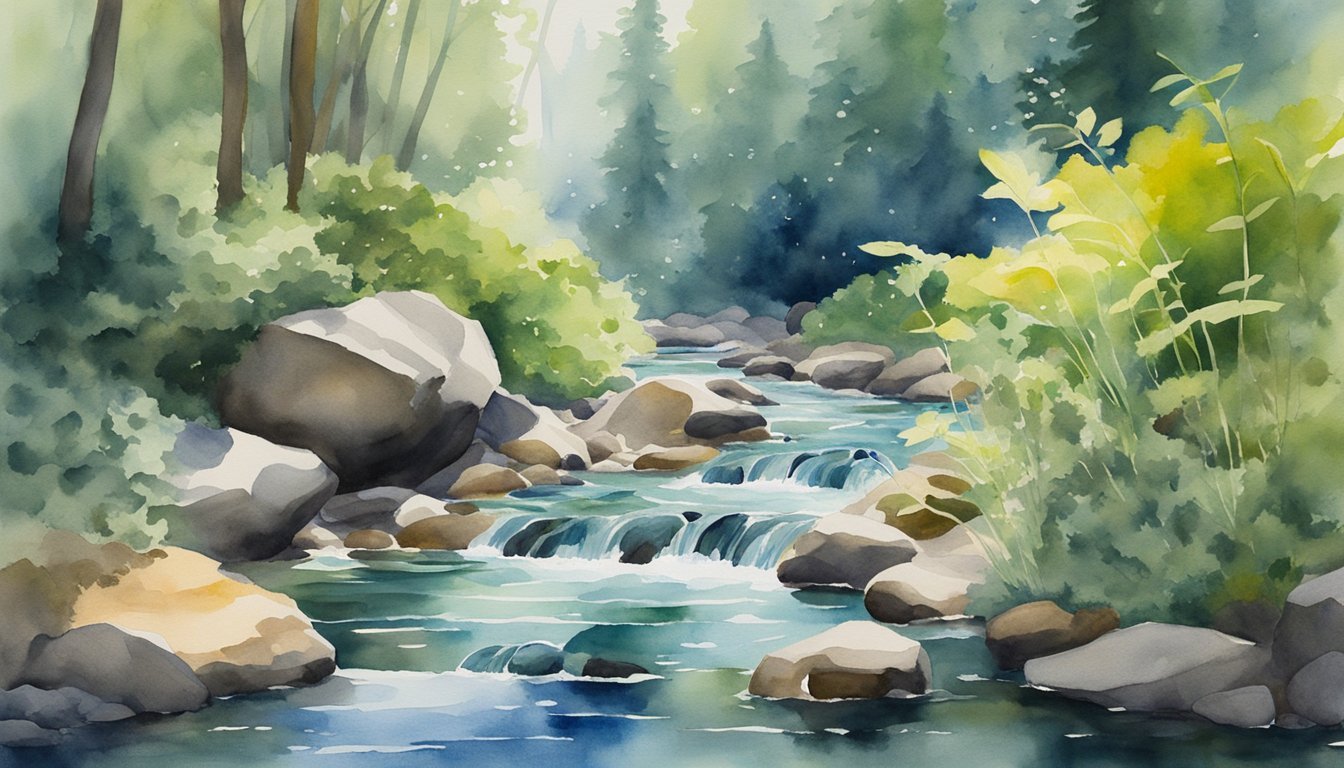 Serene watercolor painting of a forest stream with rocks.