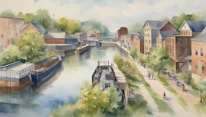 Watercolor painting of a serene riverside town with boats.