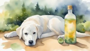 Labrador retriever resting beside a bottle in nature.