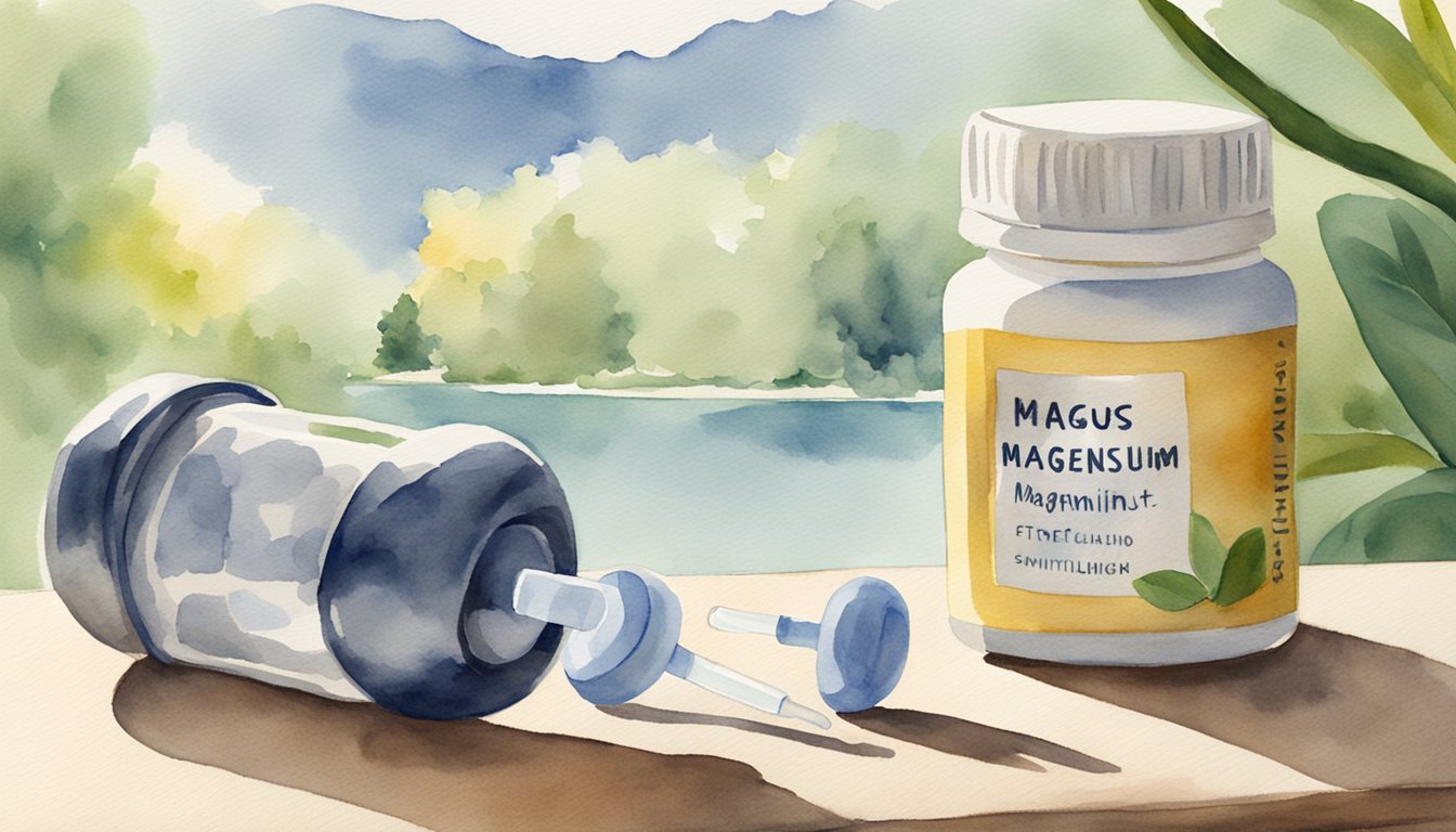 Watercolor painting of magnesium supplements and dumbbells outdoors.