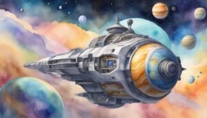 Spaceship traveling through colorful cosmic landscape with planets.