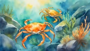 Watercolor painting of crabs underwater with coral.