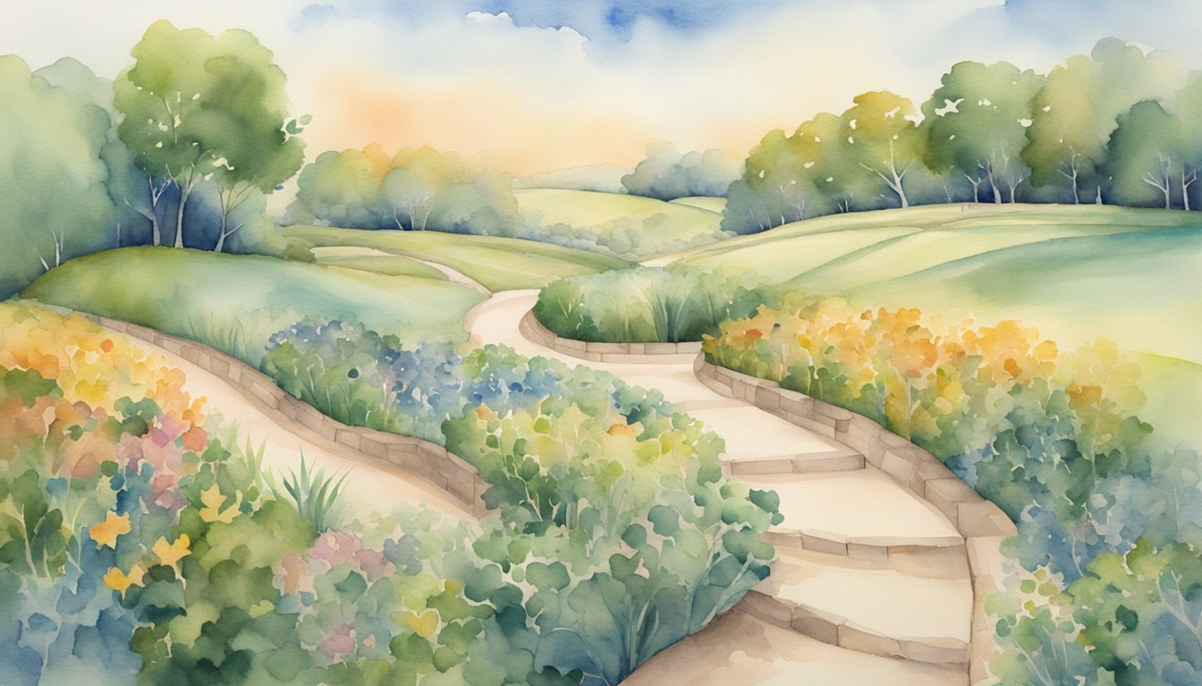 Watercolor painting of a scenic pathway through colorful gardens.