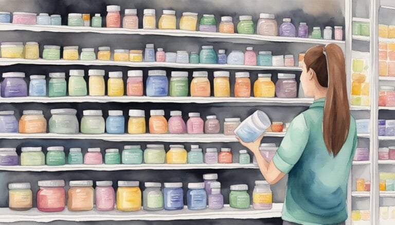 Woman browsing colorful supplement jars on store shelves.