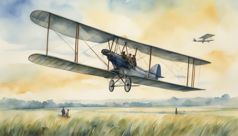 Vintage biplanes flying over scenic countryside landscape.