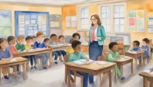 Diverse students engaging in classroom with female teacher.