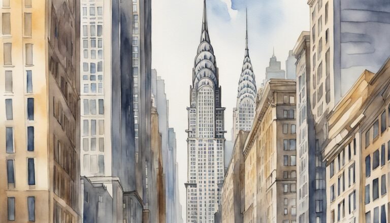 Watercolor painting of New York City skyline with Chrysler Building.