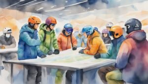 Skiers planning route on map at ski resort.