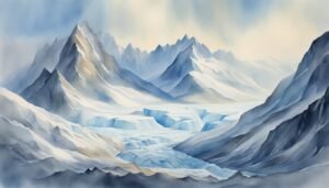 Watercolor painting of icy mountains and glacier landscape.