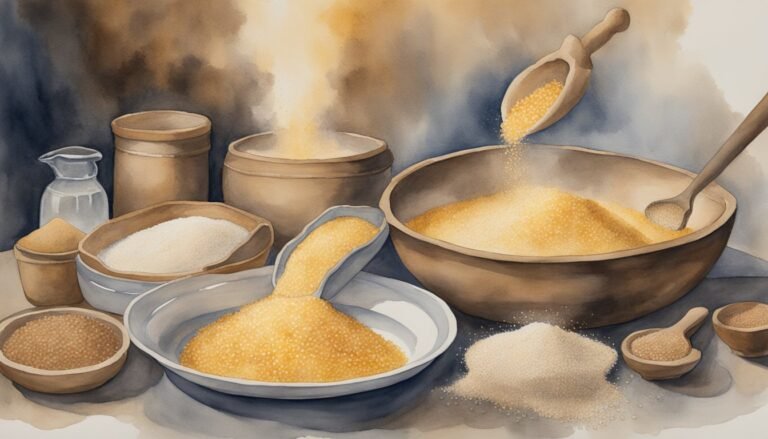 Watercolor painting of various grains and cooking utensils.