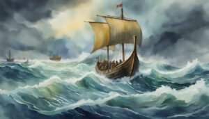 Viking ship sailing stormy sea under dark clouds.