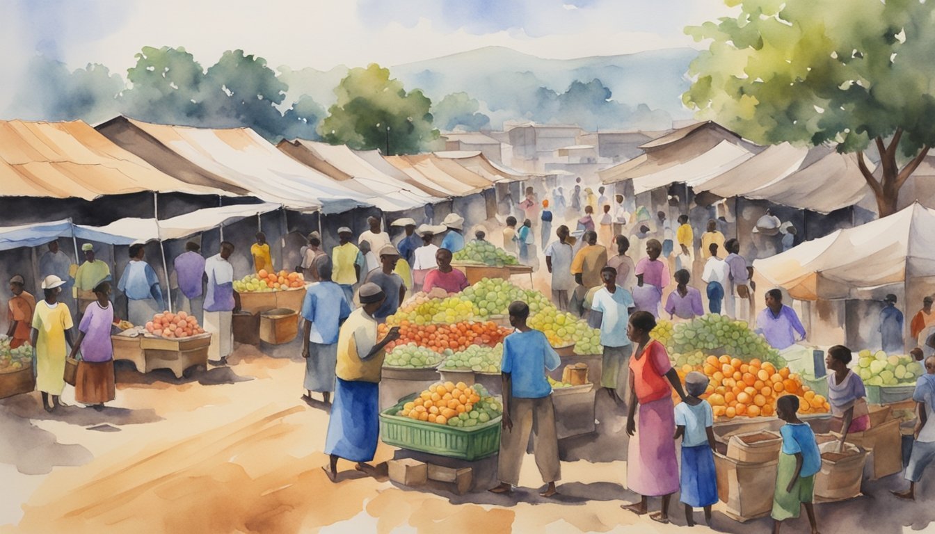 Watercolor painting of bustling outdoor fruit market.