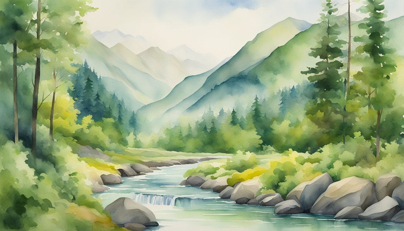 Watercolor painting of serene mountainous landscape with river.