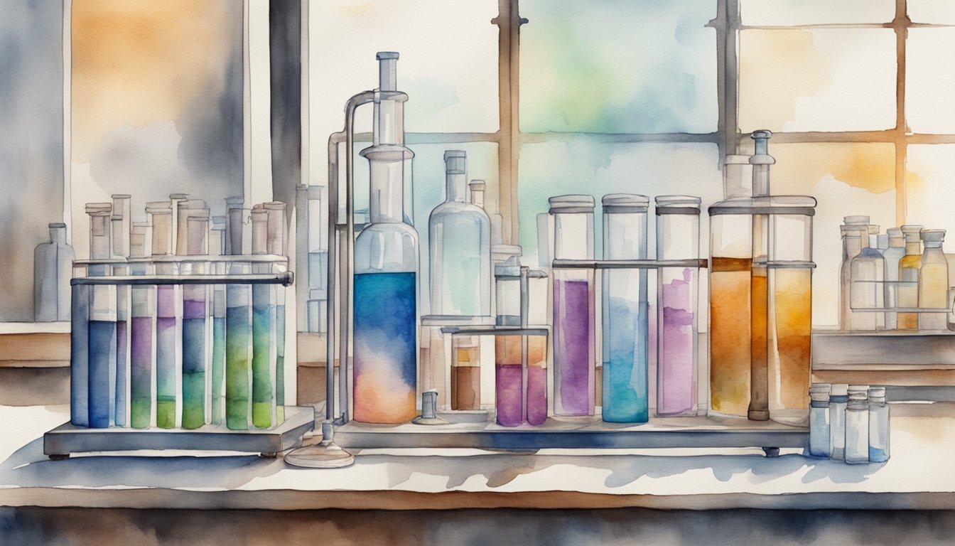 Watercolor painting of a colorful laboratory glassware setup.