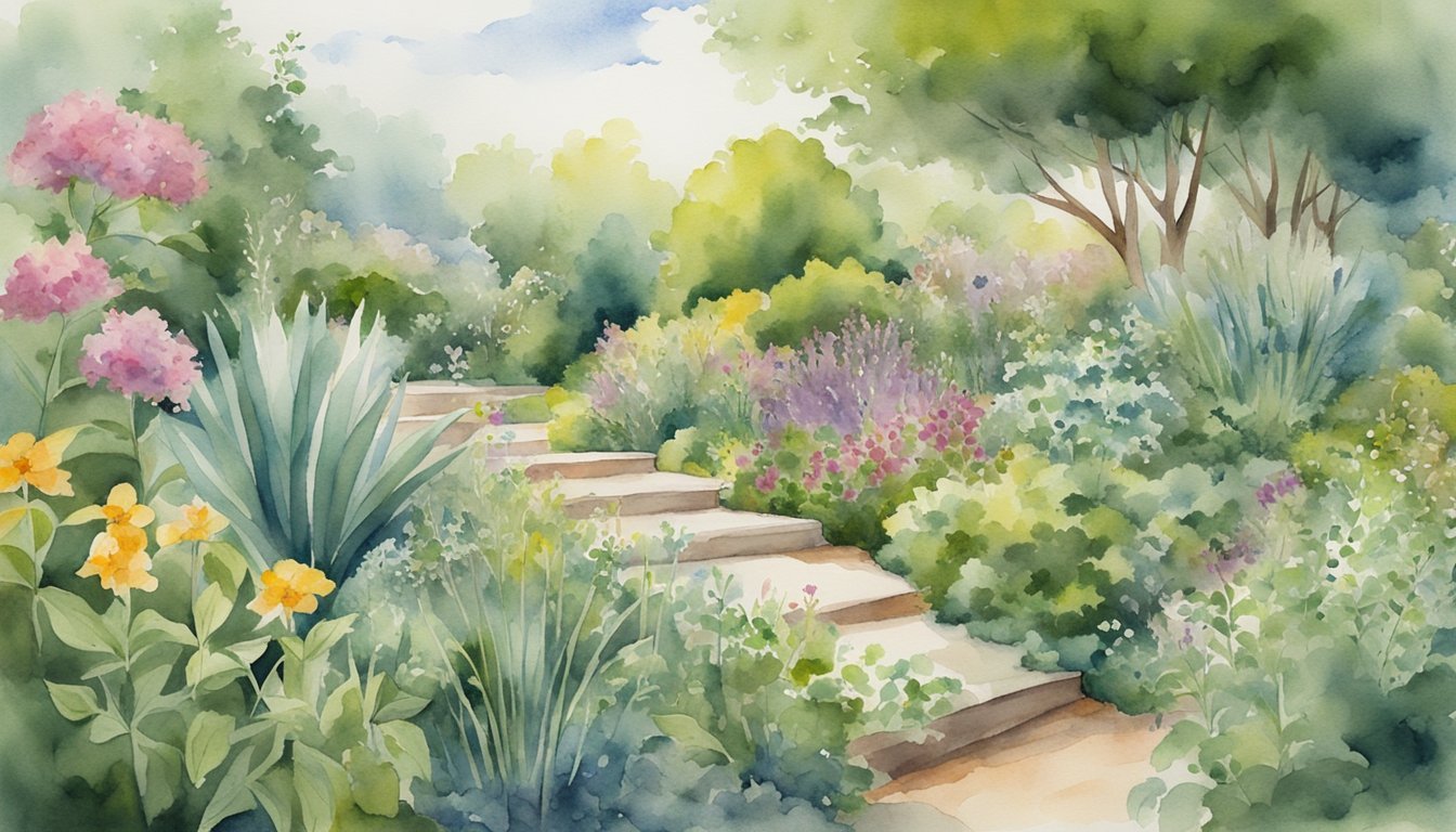 Watercolor painting of a lush garden with pathway.