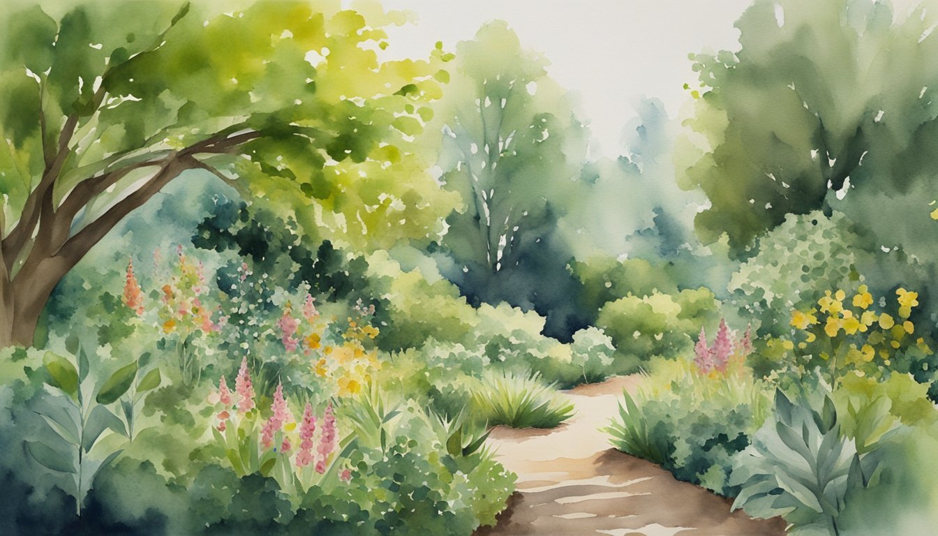 Watercolor painting of lush garden path with trees and flowers.