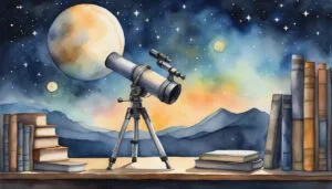 Watercolor painting of telescope, books, and moonlit night.