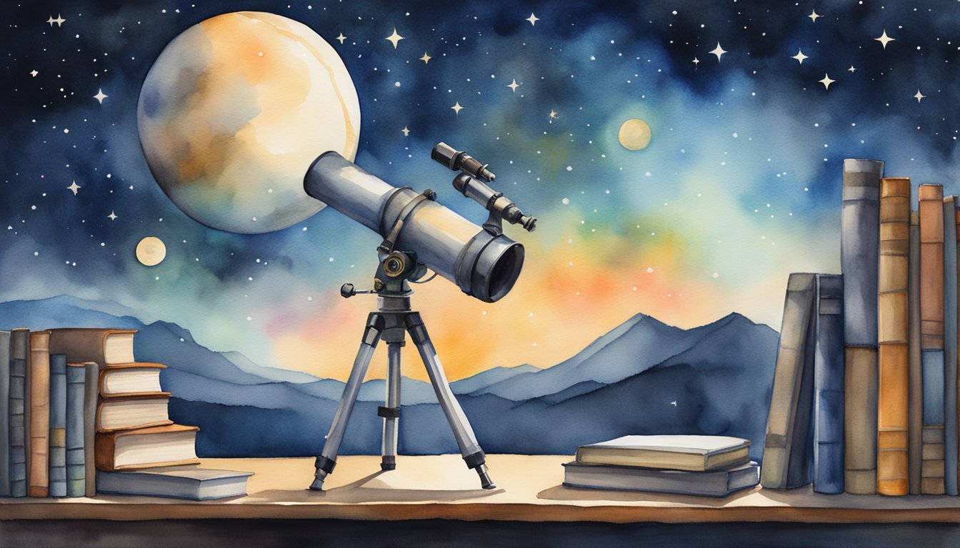 Watercolor painting of telescope, books, and moonlit night.