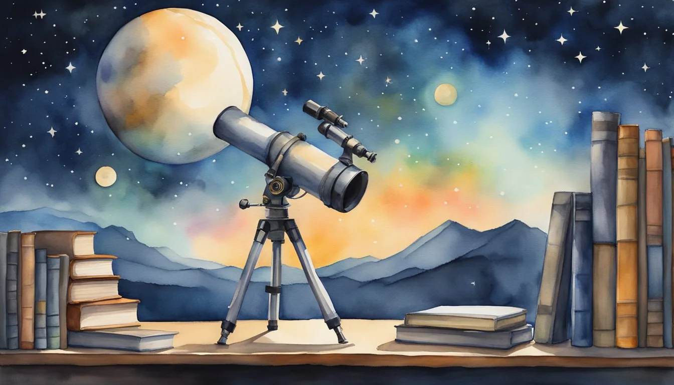 Watercolor painting of telescope, books, and moonlit night.