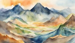 Watercolor painting of layered mountain landscape at sunset.