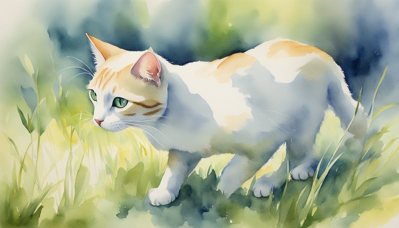 Watercolor painting of a white and orange cat in grass.