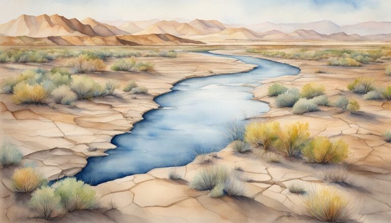 Painting of a serene desert river landscape with mountains.