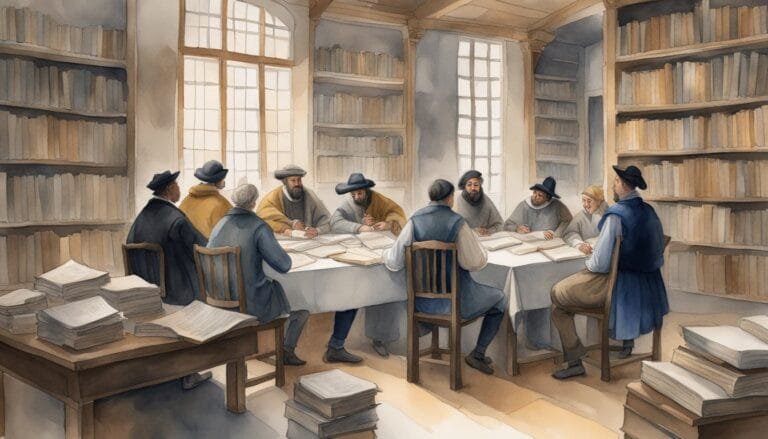 Scholars discussing manuscripts in an old library setting.