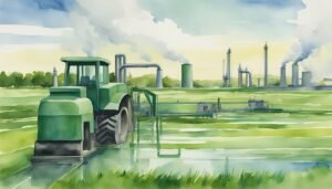 Watercolor of tractor near industrial plant in rural landscape