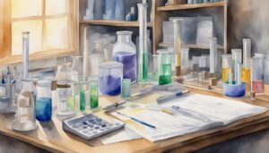 Watercolor painting of a well-equipped chemistry laboratory.