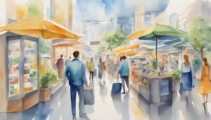 Vibrant watercolor painting of busy outdoor market scene.