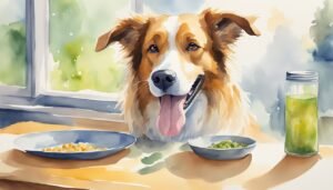 Dog with food bowls by sunny window, watercolor painting.