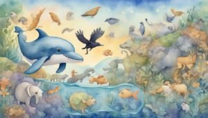 Watercolor illustration of diverse animals in a fantastical landscape.