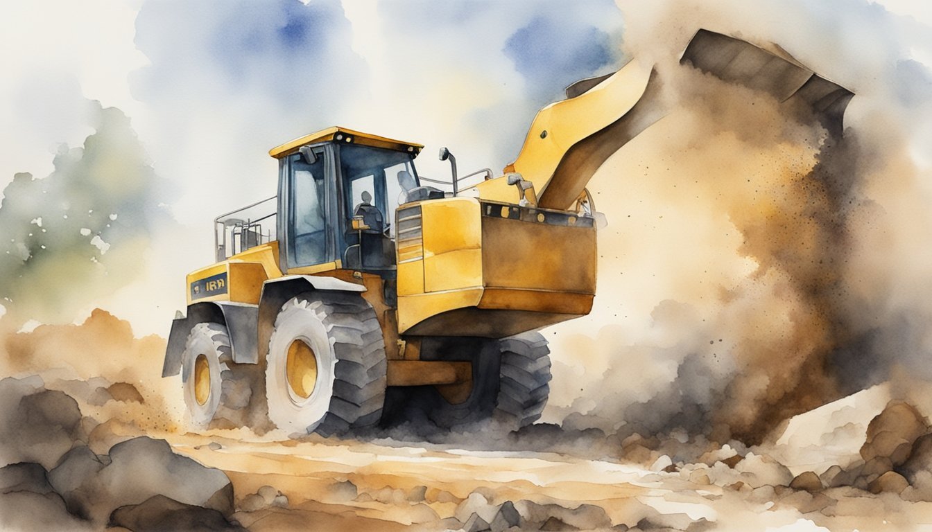 Watercolor illustration of wheel loader at construction site.