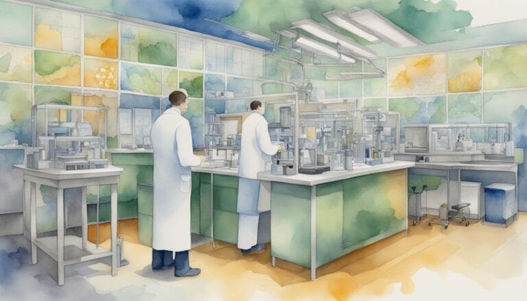 Scientists working in a colorful, modern laboratory.