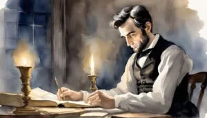Man writing by candlelight, vintage office scene.