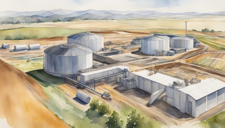 Watercolor of industrial storage tanks in rural landscape.