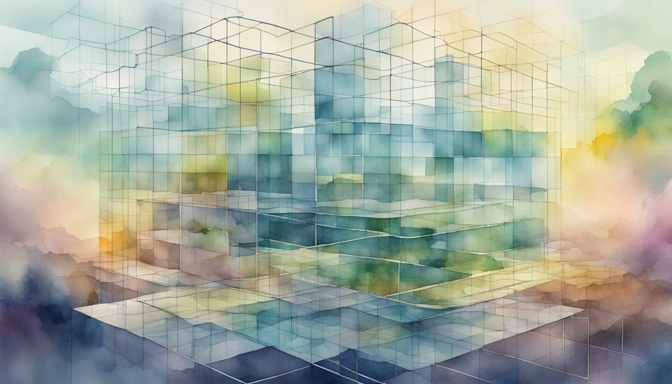 Watercolor abstract cityscape with geometric lines and soft colors.