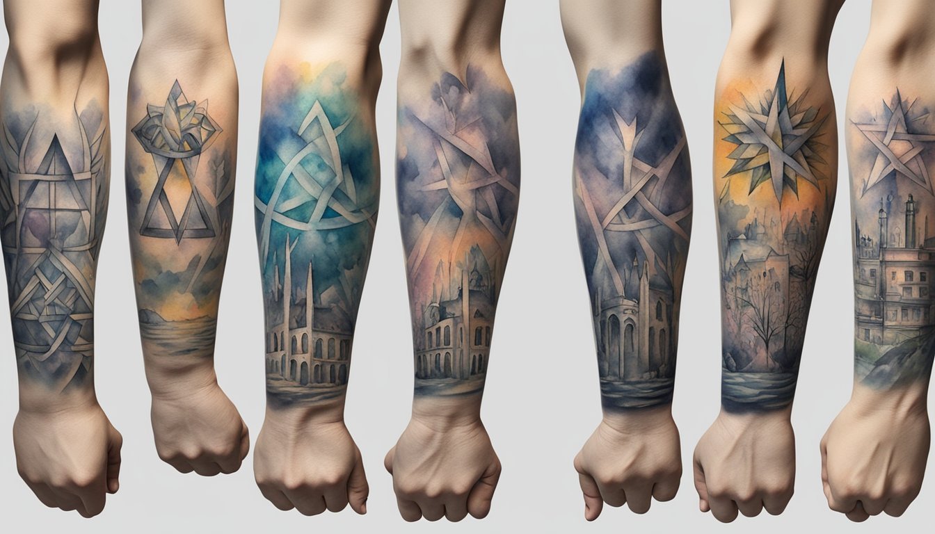 Detailed geometric and architectural arm tattoos.