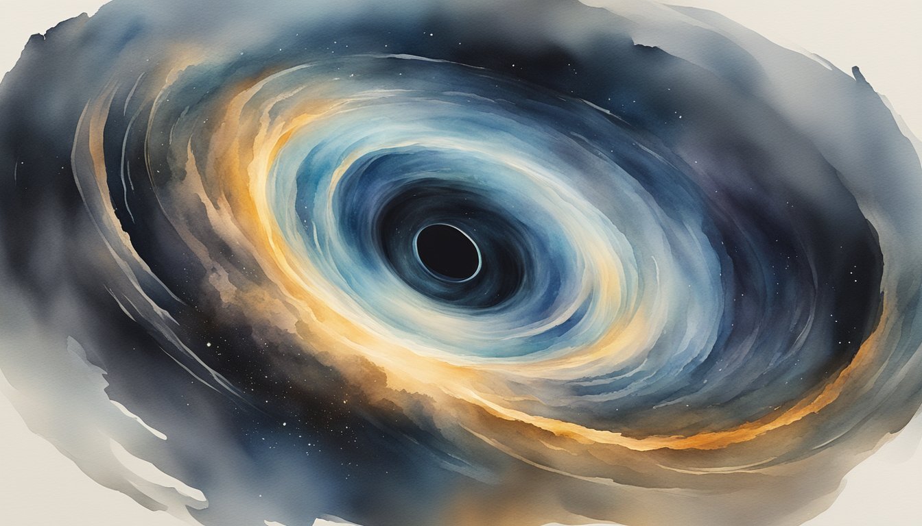 Watercolor painting of swirling galaxy with black center.