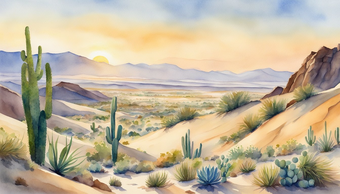 Watercolor painting of desert landscape with cacti at sunset.