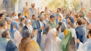 Watercolor painting of diverse crowd gathering in ancient times.