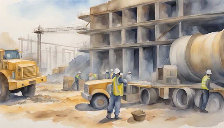 Construction site with workers and heavy machinery.