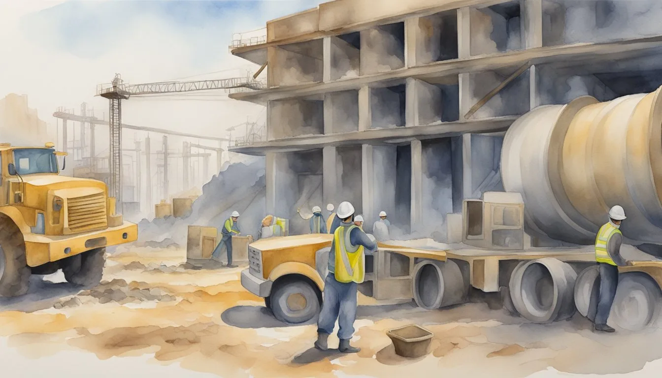 Construction site with workers and heavy machinery.