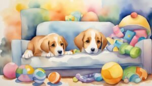 Two puppies with toys on a colorful watercolor backdrop.