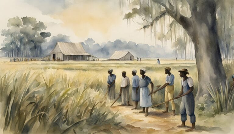 Watercolor of workers in a historical southern field scene.