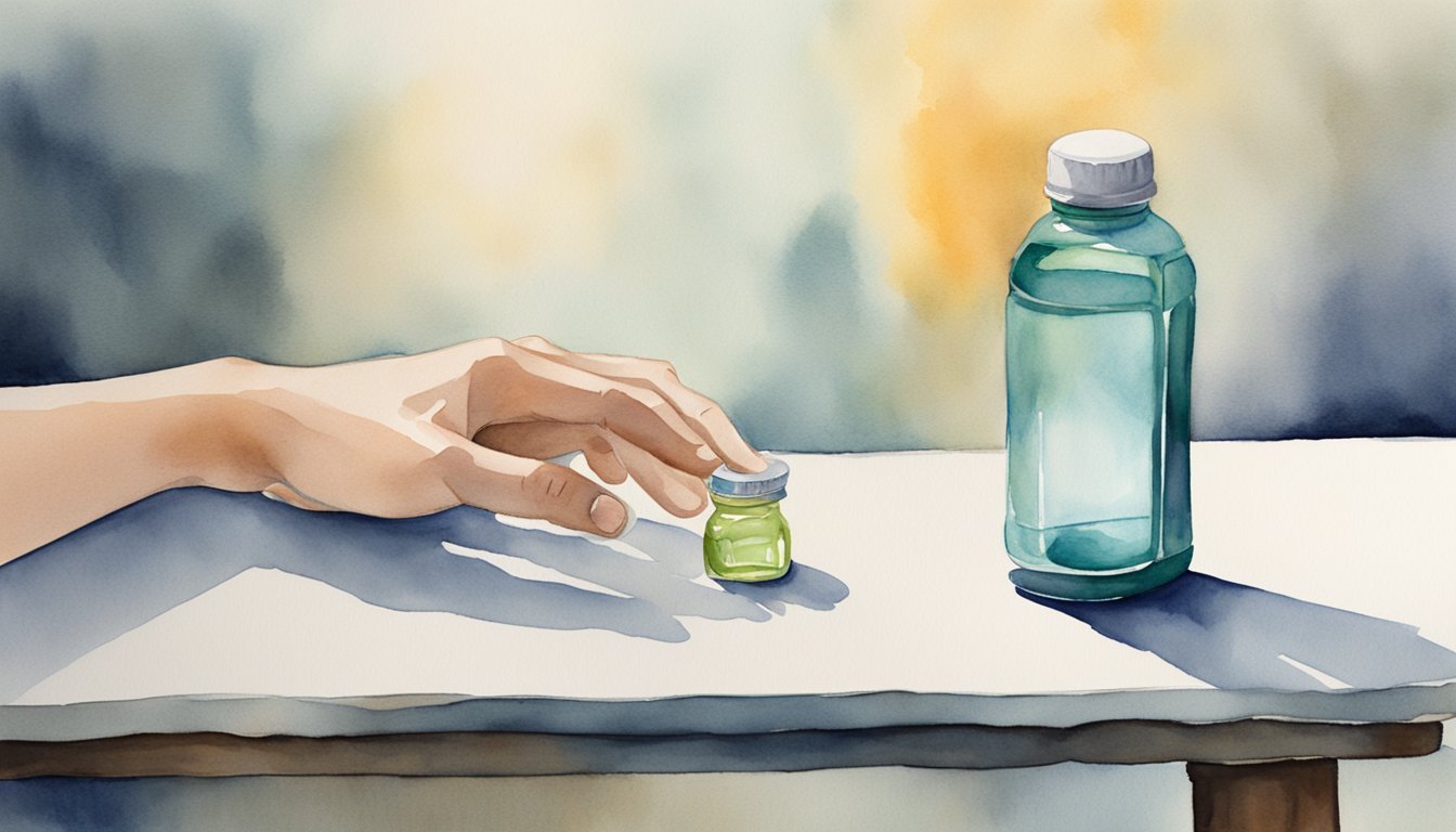 Hand opening small jar near larger bottle on table.