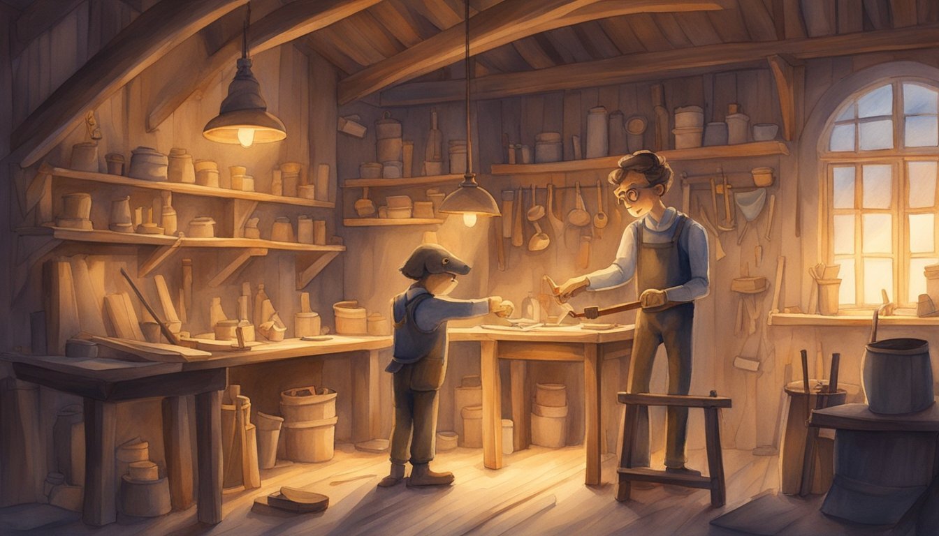 Woodworker teaches child in cozy, illuminated workshop.