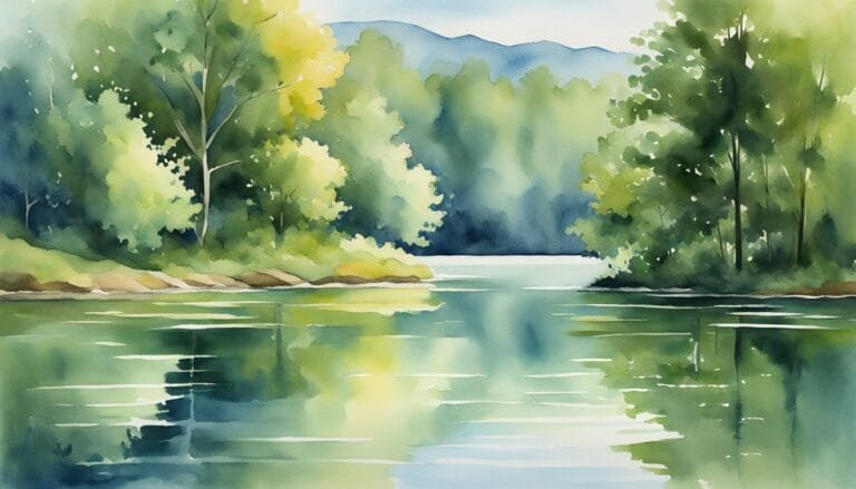 Serene watercolor painting of forested lakeside landscape.
