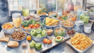 Watercolor painting of diverse, colorful food and drinks.